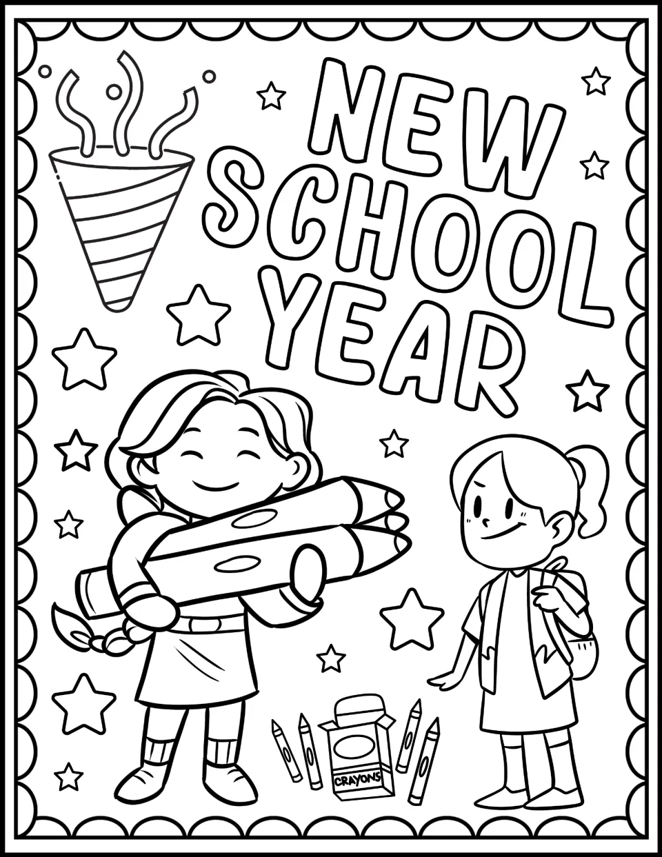 New School Year coloring page: students color a girl hugging giant crayons, a girl with a backpack and a party popper
