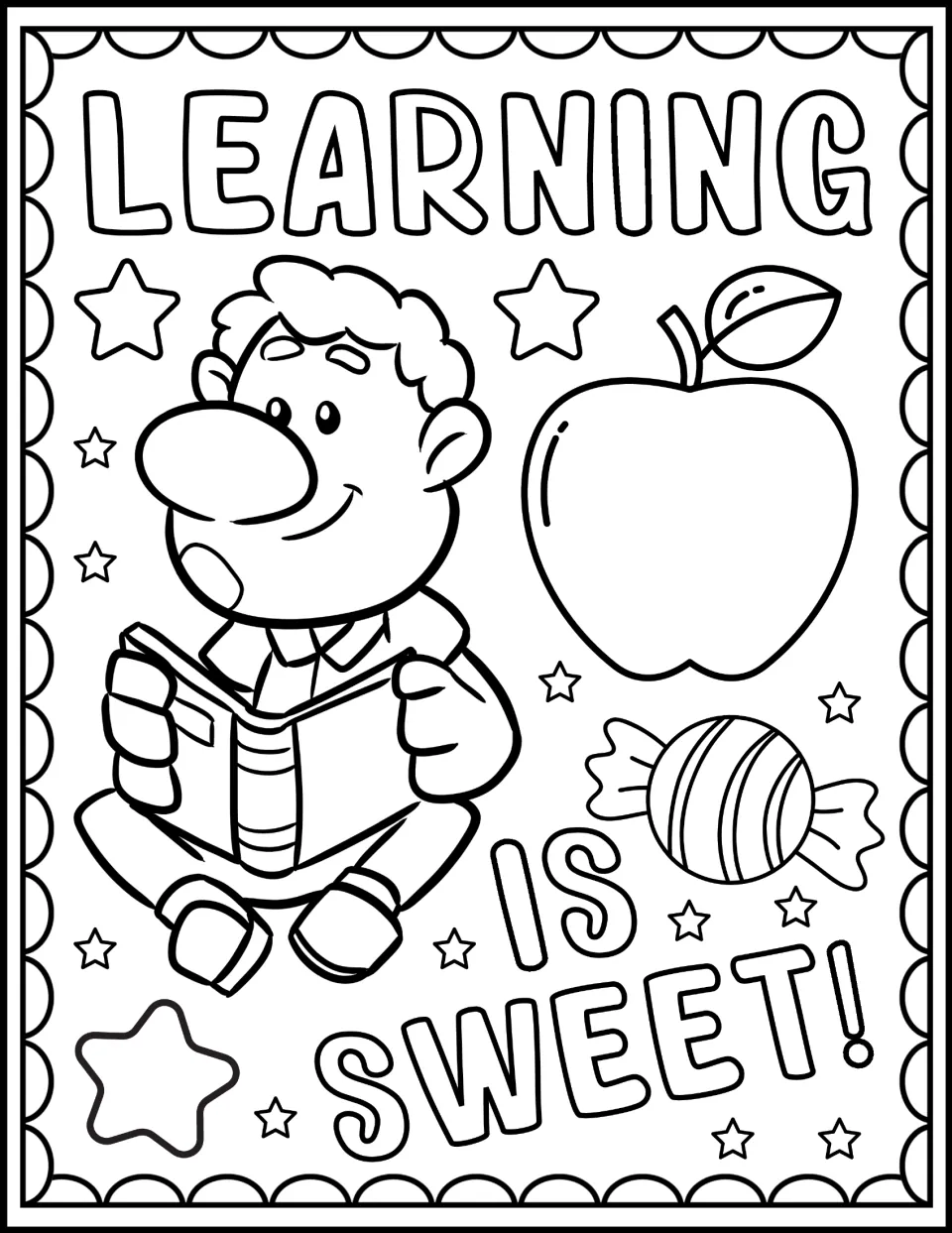 Learning Is Sweet! coloring page: students color a boy reading a book beside an apple, a wrapped candy and stars