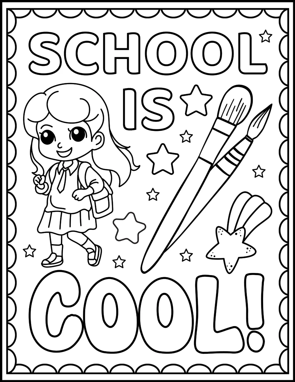 School Is Cool! coloring page: students color a smiling girl with a school bag, two paintbrushes and a shooting star