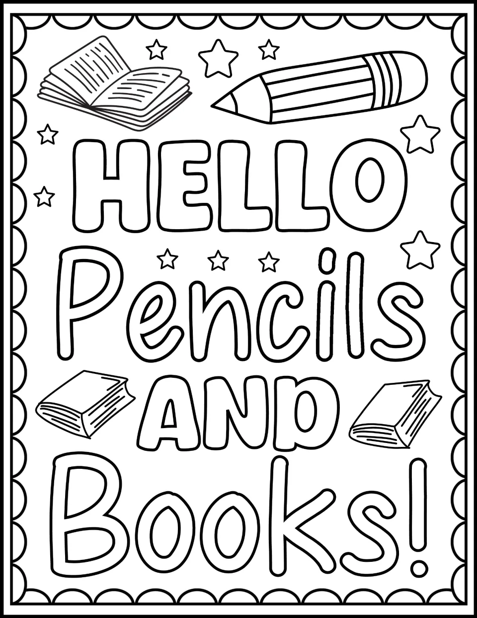 Hello Pencils and Books! coloring page: students color bubble lettering with an open book, a pencil and closed books