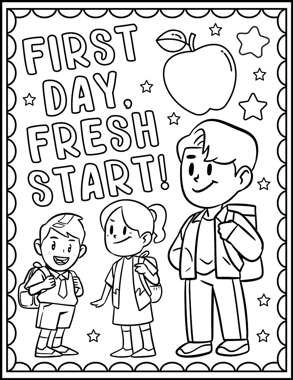 First Day, Fresh Start! coloring page: students color three children wearing backpacks, an apple and stars