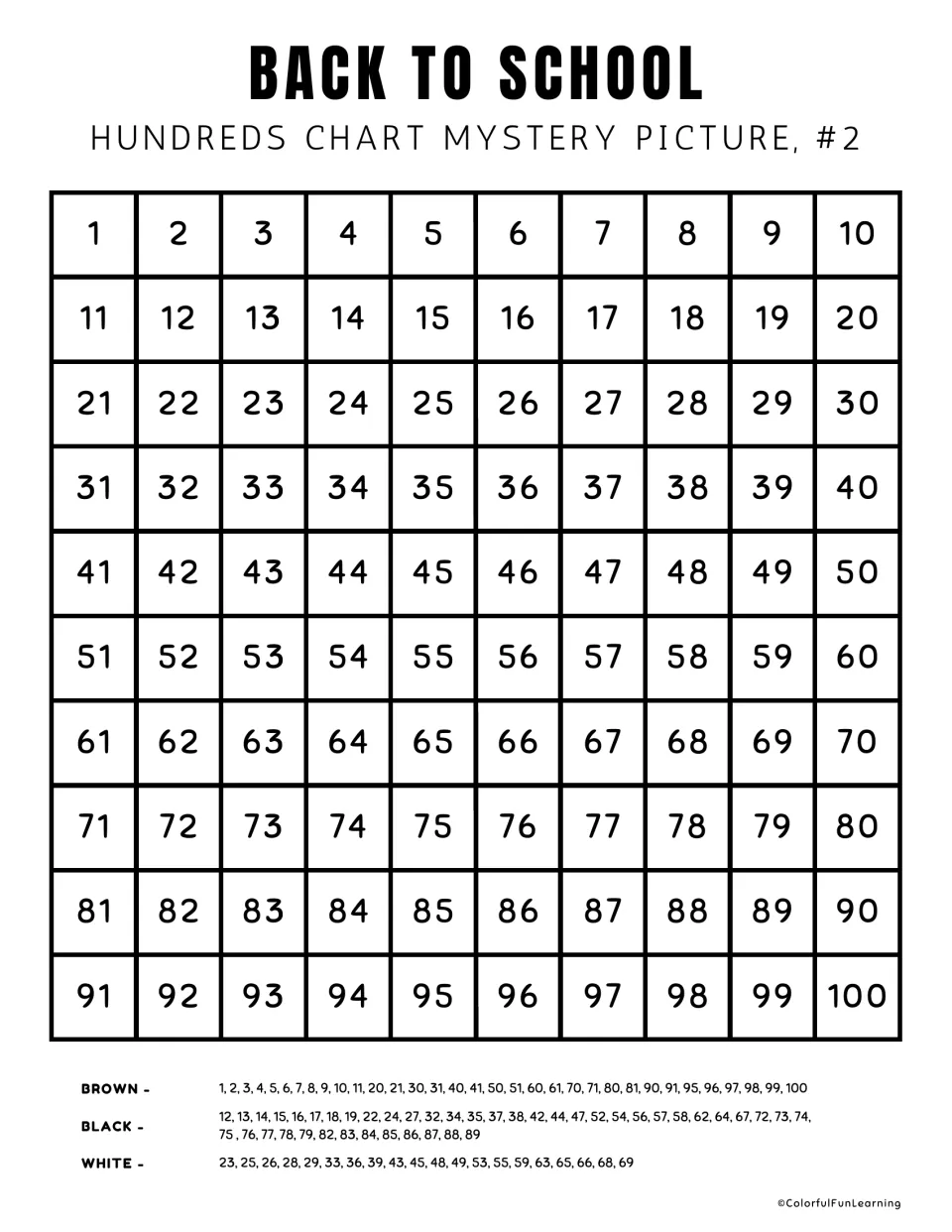 Mystery picture #2: students find and color numbers 1 to 100 in brown, black or white by following the color key