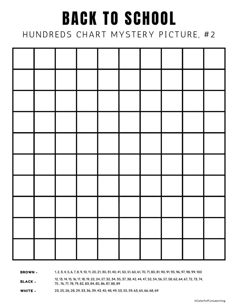 Mystery picture #2, blank version: students place numbers from the brown, black and white lists on an unnumbered chart