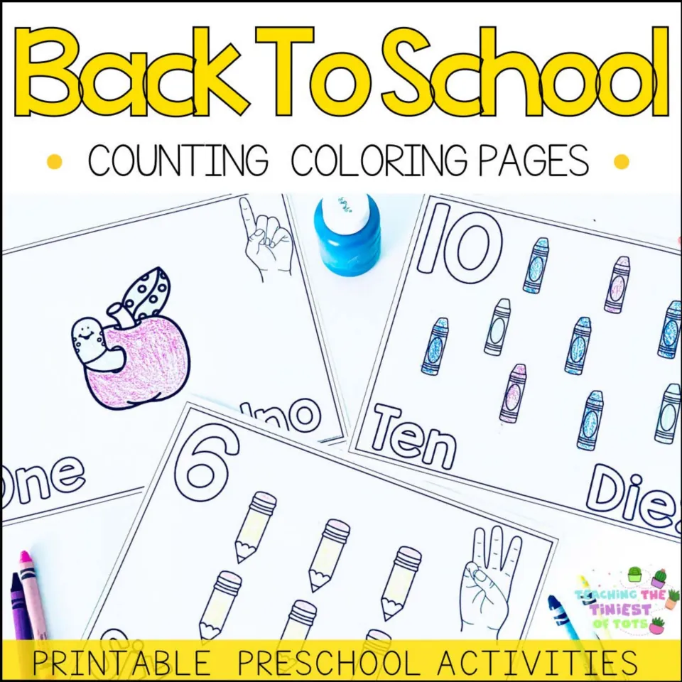 Back to School counting coloring pages cover showing number pages for 1, 6 and 10 with apple, pencils and crayons to color