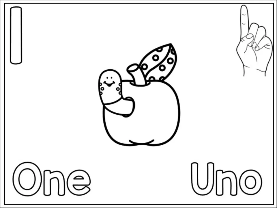 Number 1 counting page: children color one apple with a worm, the numeral 1, One and Uno and a one-finger hand sign