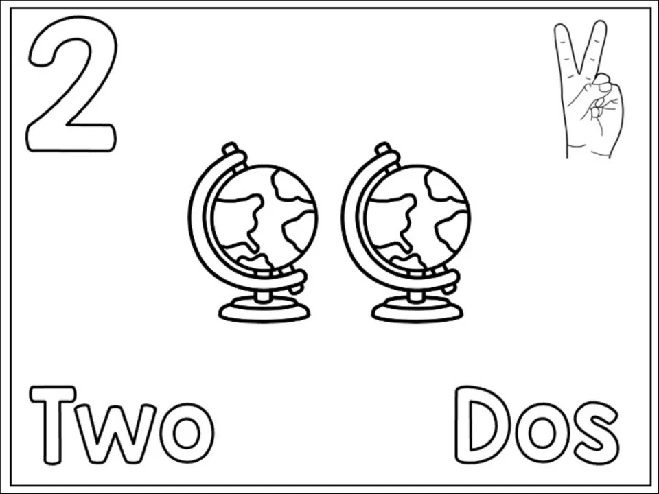 Number 2 counting page: children count and color two globes, the numeral 2, Two and Dos and a two-finger hand sign