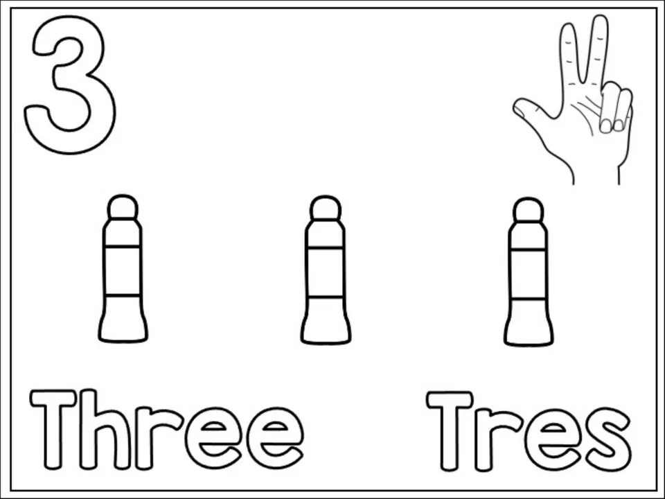 Number 3 counting page: children count and color three glue sticks, the numeral 3, Three and Tres and a hand sign