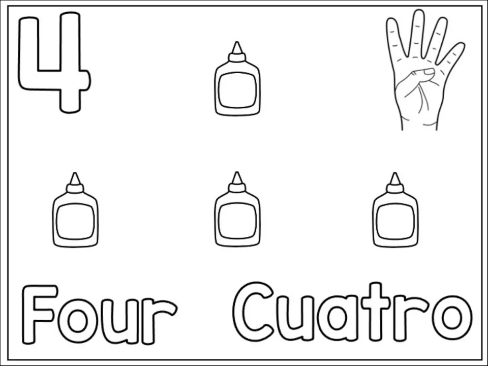 Number 4 counting page: children count and color four glue bottles, the numeral 4, Four and Cuatro and a hand sign