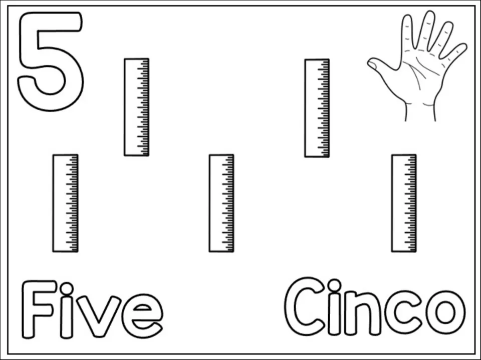 Number 5 counting page: children count and color five rulers, the numeral 5, Five and Cinco and an open-hand sign