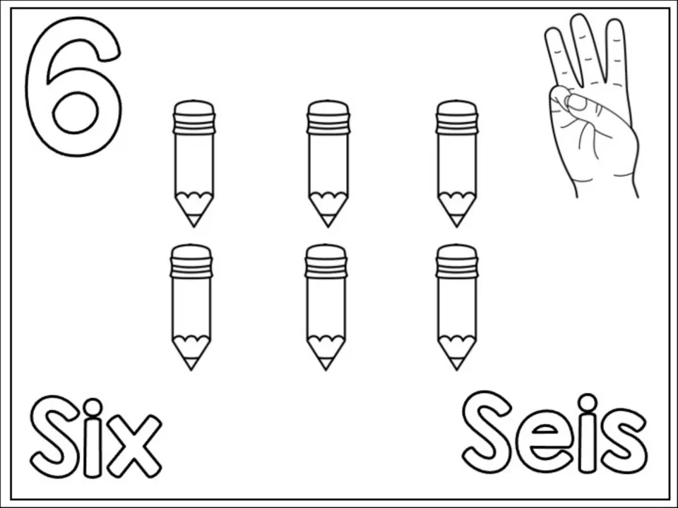Number 6 counting page: children count and color six pencils, the numeral 6, Six and Seis and a hand sign for six