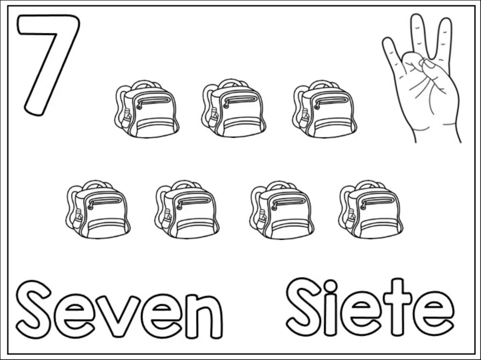 Number 7 counting page: children count and color seven backpacks, the numeral 7, Seven and Siete and a hand sign