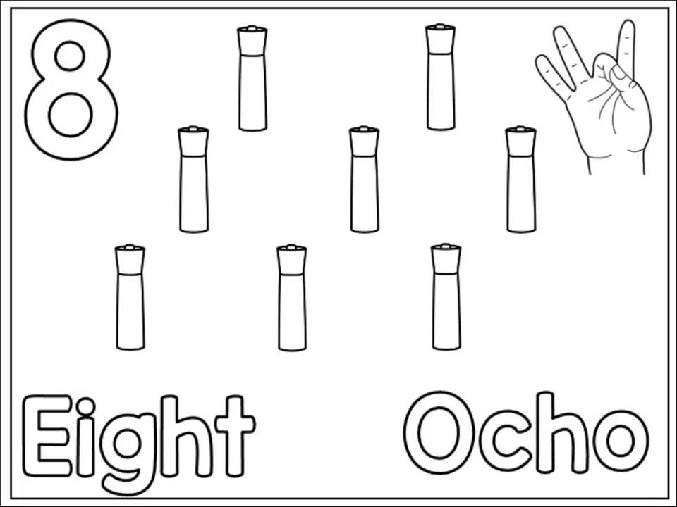 Number 8 counting page: children count and color eight markers, the numeral 8, Eight and Ocho and a hand sign