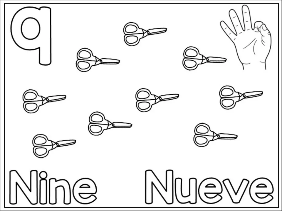Number 9 counting page: children count and color nine scissors, the numeral 9, Nine and Nueve and a hand sign