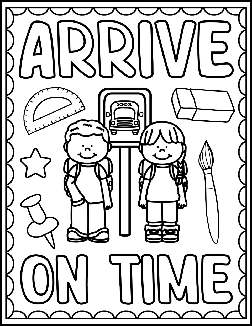 Bus rule coloring page "Arrive on Time": students color two kids with backpacks at a school bus stop sign
