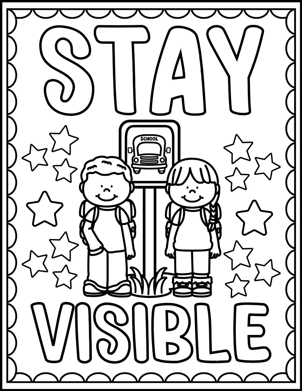 Bus safety coloring page "Stay Visible": students color two children standing at a school bus stop with stars