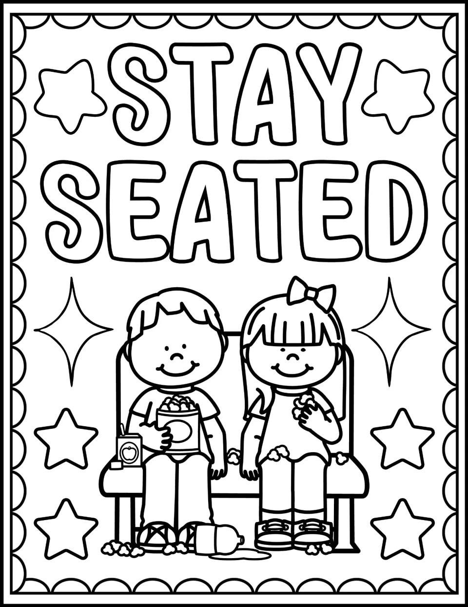 "Stay Seated" bus rule coloring page: students color two children sitting on a bus seat with snacks and stars