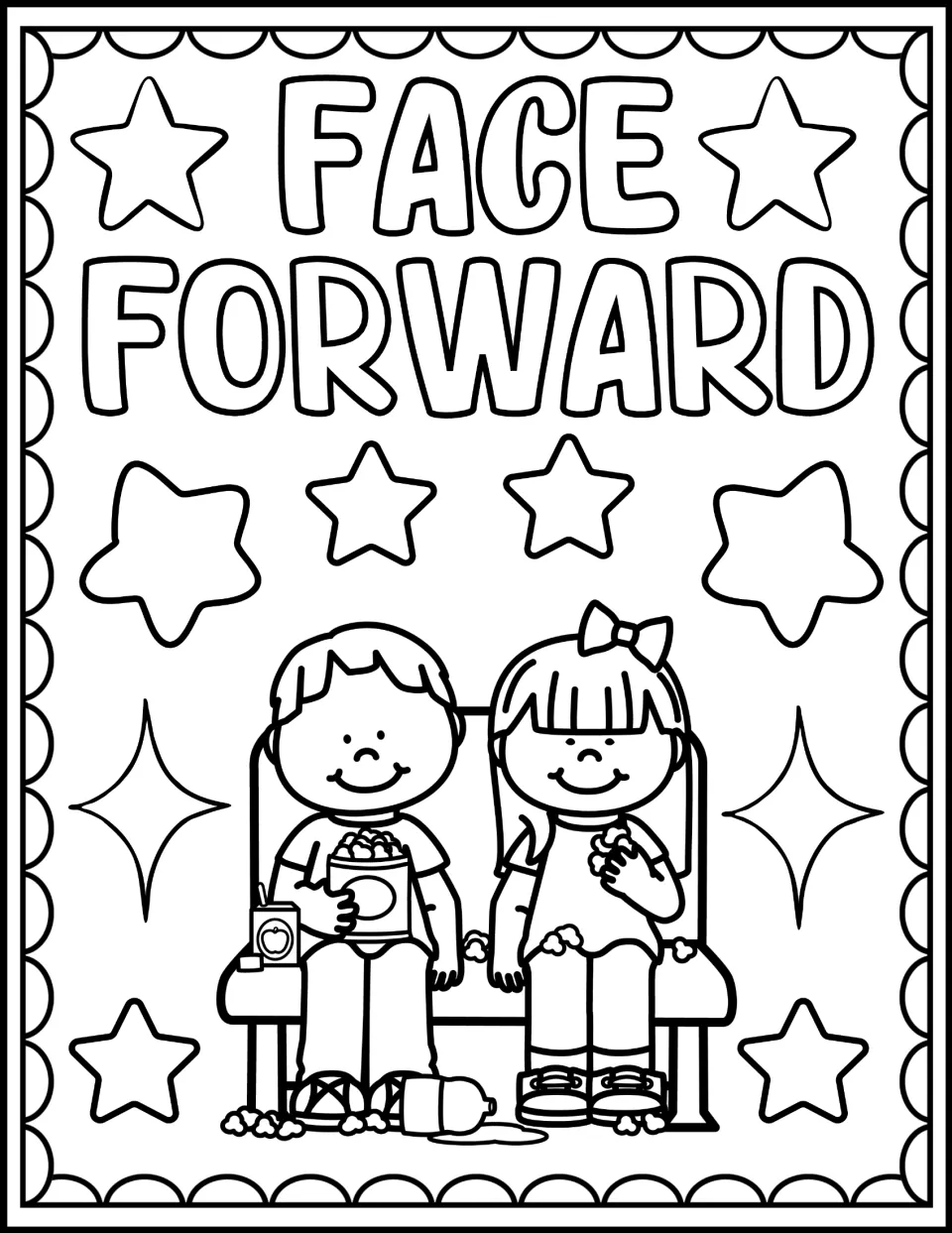 "Face Forward" bus rule coloring page: students color two smiling children seated side by side on a bus seat