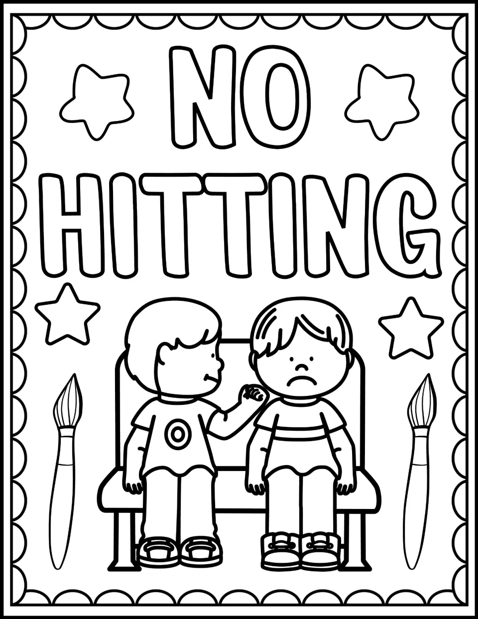 "No Hitting" bus rule coloring page: students color one child hitting a sad seatmate on a bus seat
