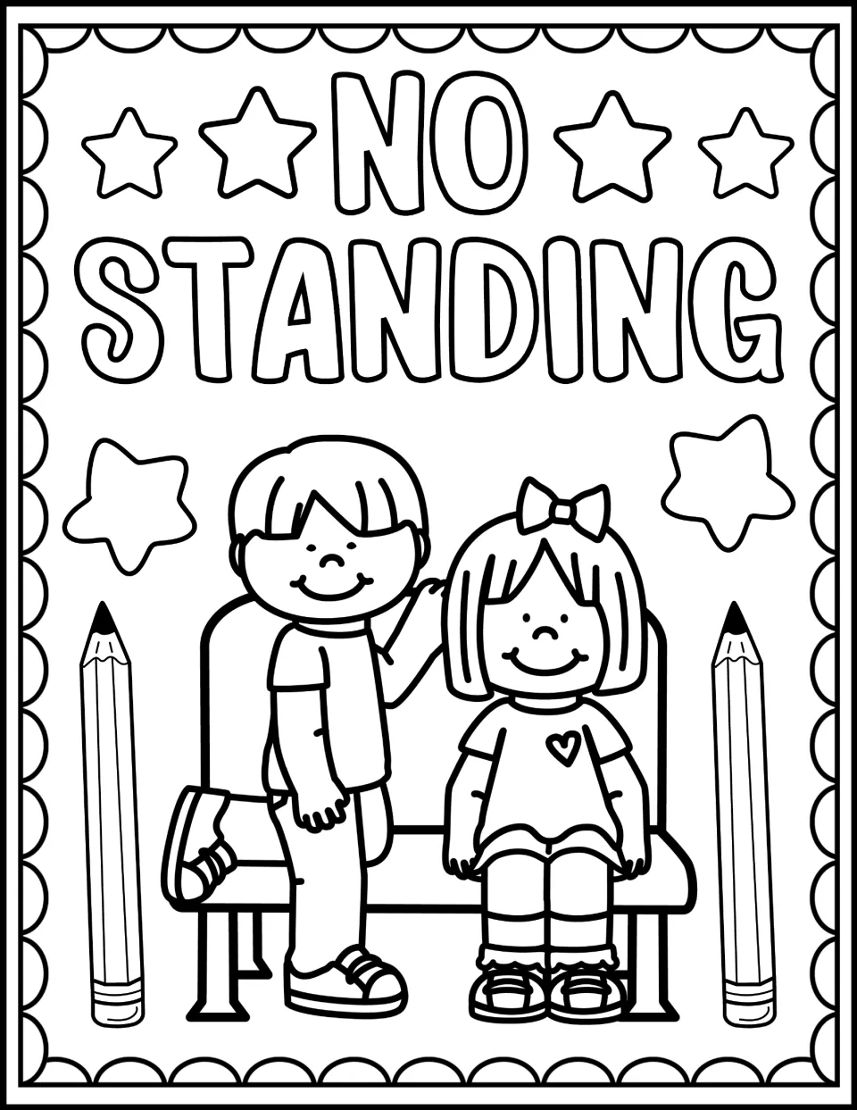 "No Standing" bus rule coloring page: students color a boy climbing on a bus seat next to a seated girl