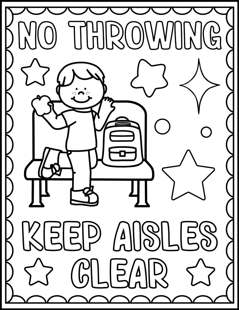 "No Throwing, Keep Aisles Clear" coloring page: students color a boy about to throw an apple from a bus seat