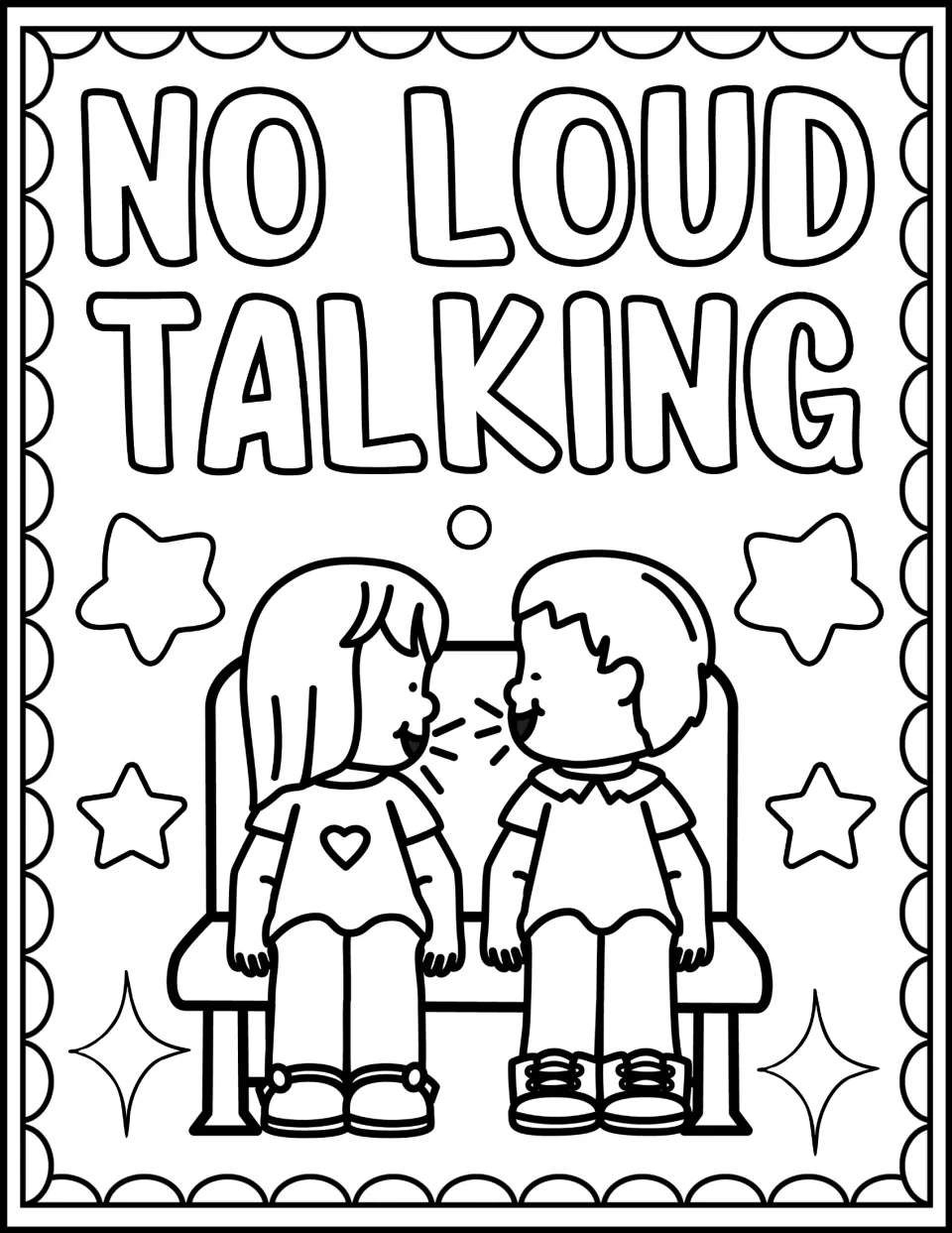 "No Loud Talking" bus rule coloring page: students color two children on a bus seat shouting at each other