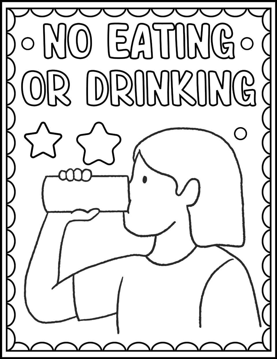 "No Eating or Drinking" bus rule coloring page: students color a large drawing of a girl drinking from a cup