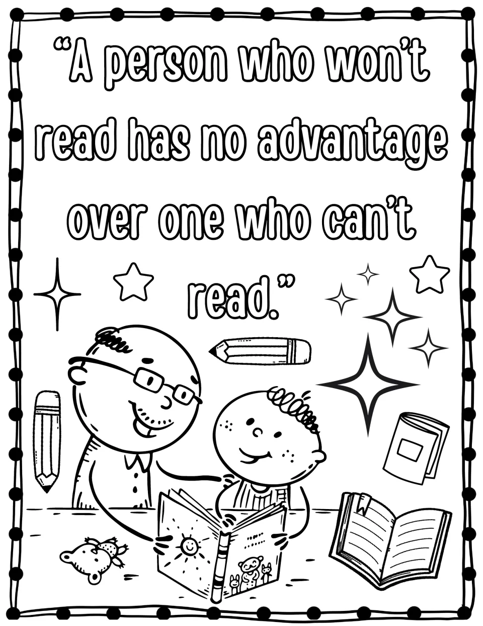 Quote on choosing to read, to color: a man in glasses and a child share a picture book, with books and stars around
