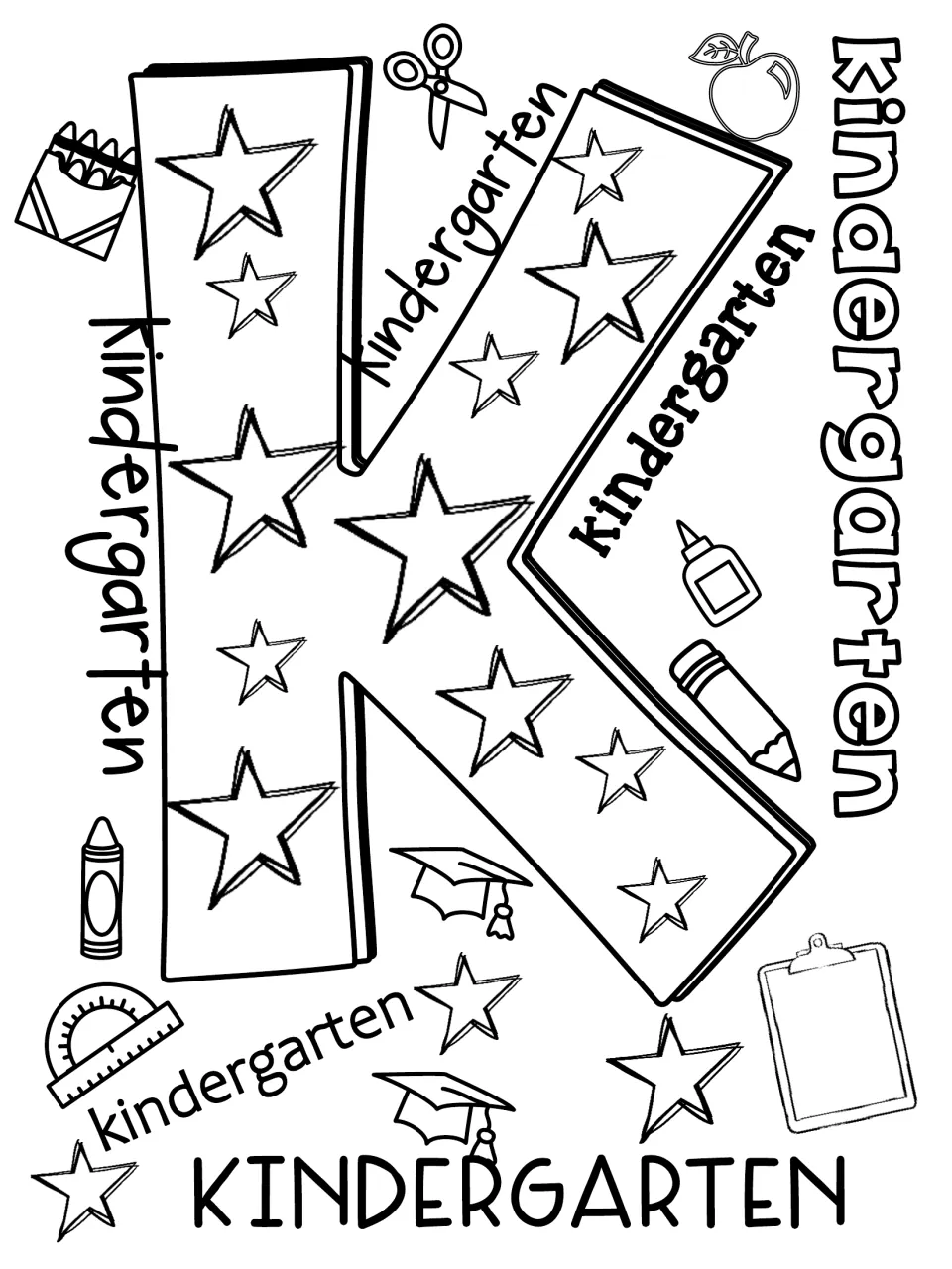 Kindergarten welcome coloring sheet featuring a large K, repeated kindergarten text, and school supplies