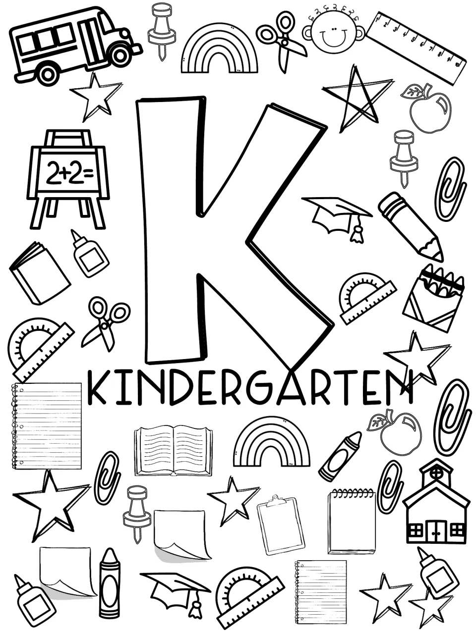 Kindergarten welcome coloring sheet featuring a large K, the word KINDERGARTEN, and a school bus to color