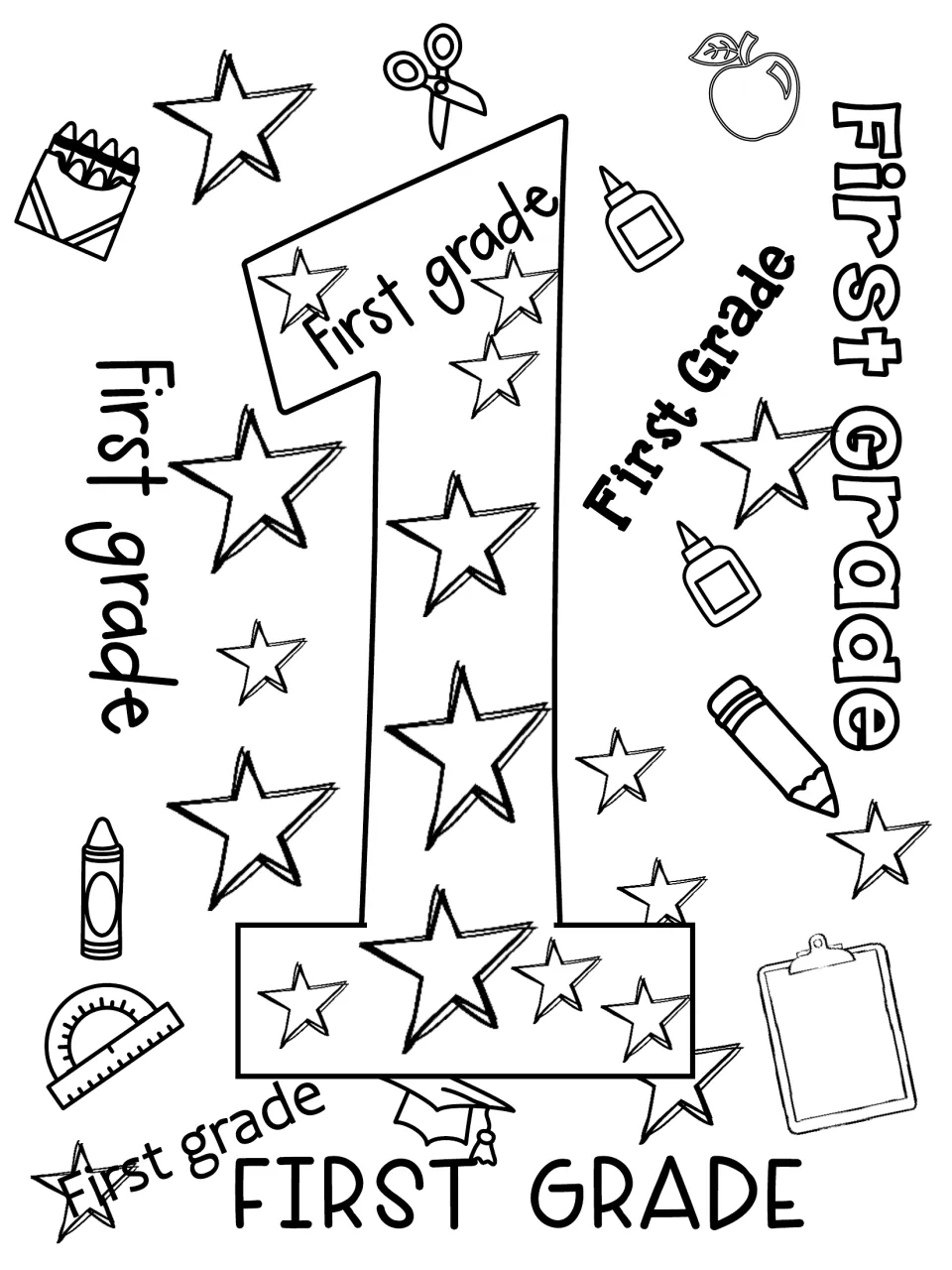 First grade welcome coloring sheet featuring a large numeral 1, repeated First Grade text, and crayons