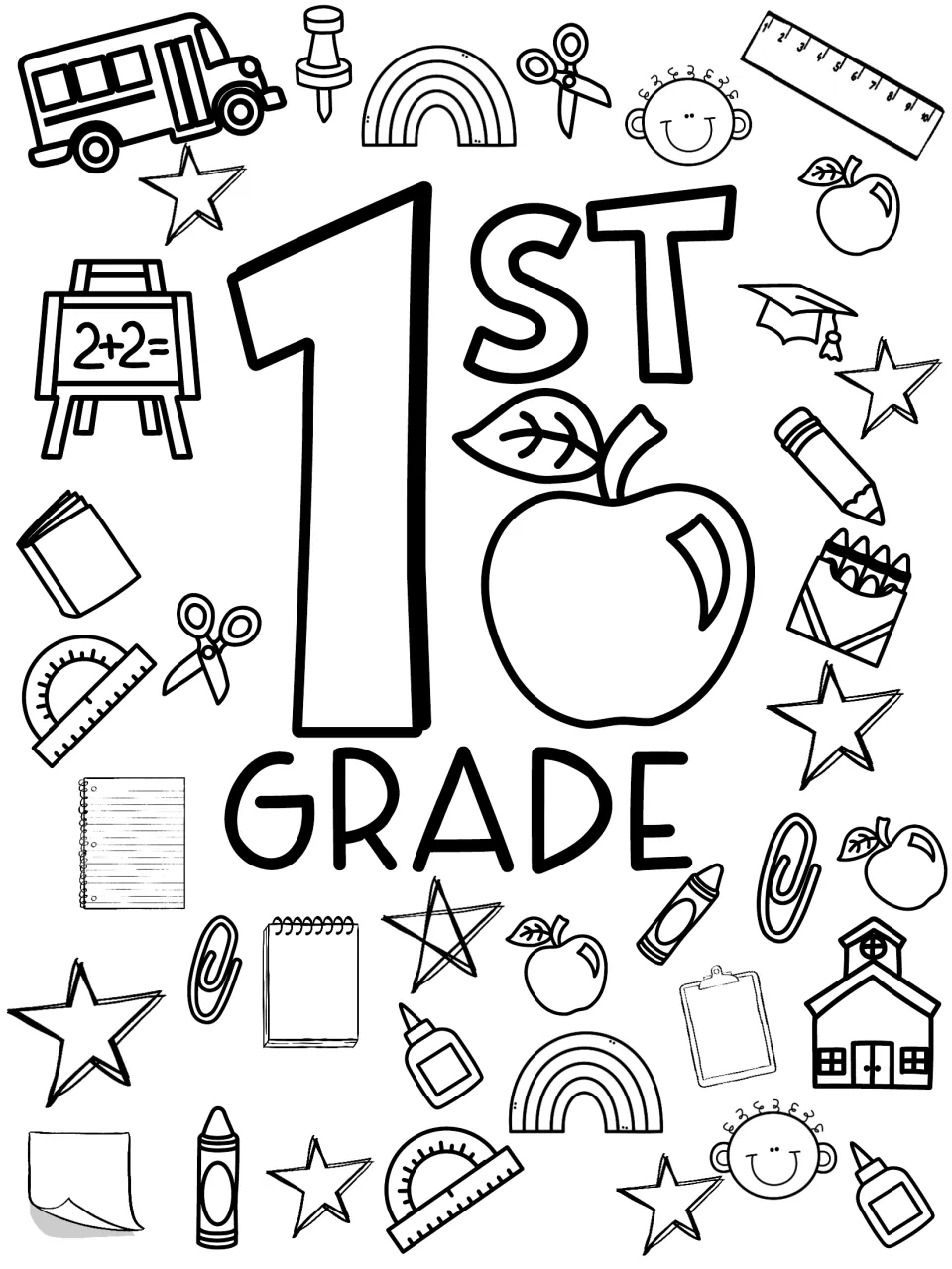 First grade welcome coloring sheet featuring the label 1ST GRADE, a large apple, and school supplies