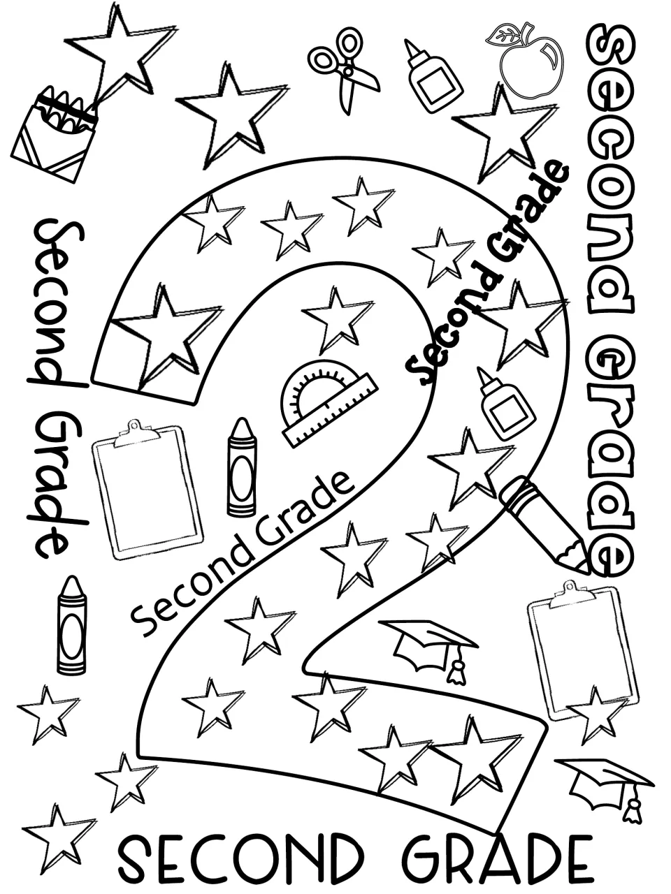 Second grade welcome coloring sheet featuring a large numeral 2, repeated Second Grade text, and pencils