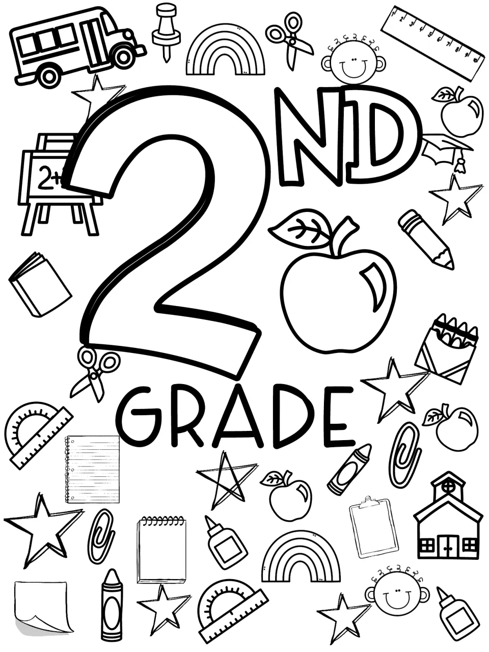 Second grade welcome coloring sheet featuring the label 2ND GRADE, a large apple, and school supplies