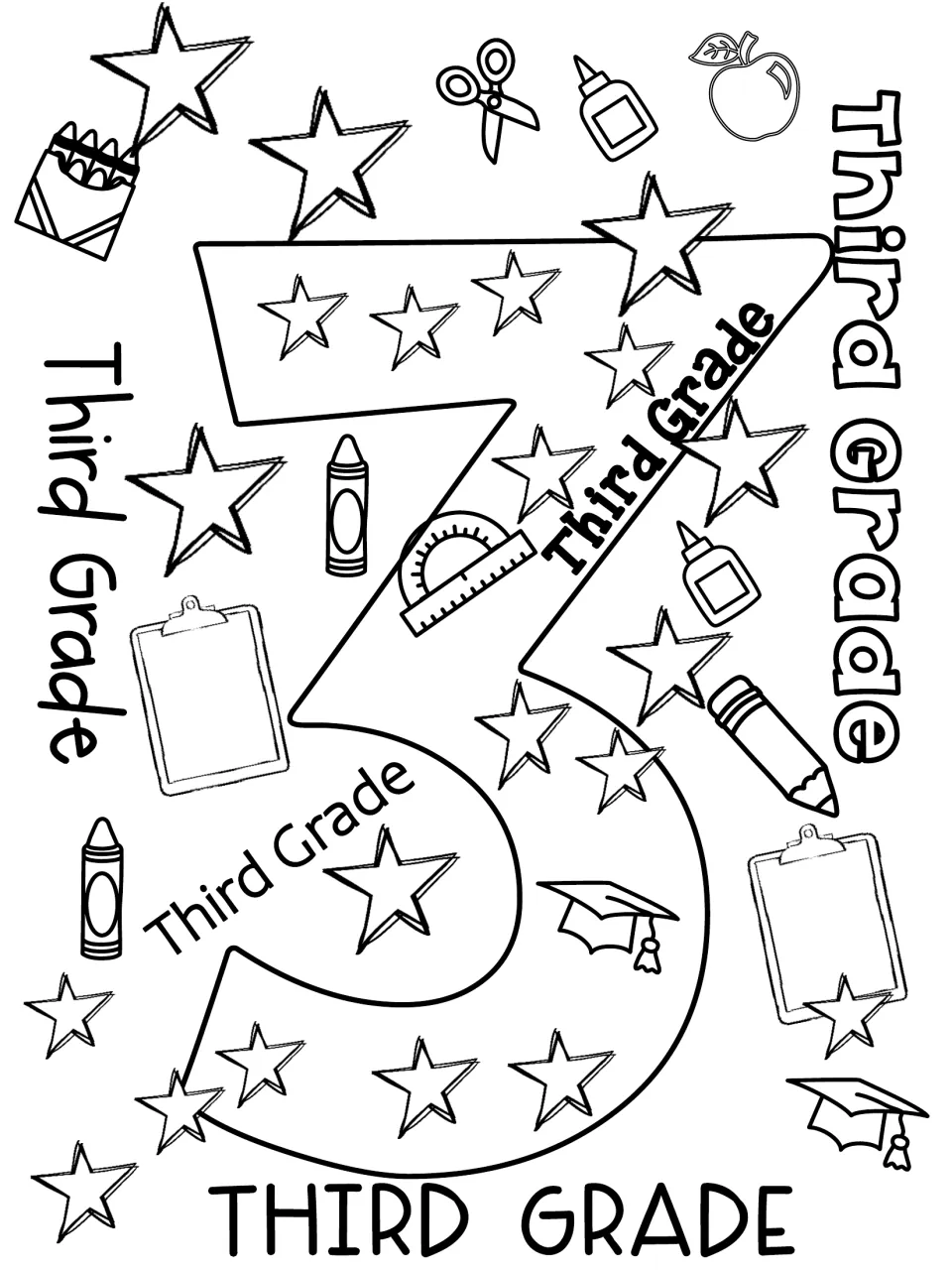 Third grade welcome coloring sheet featuring a large numeral 3, repeated Third Grade text, and crayons
