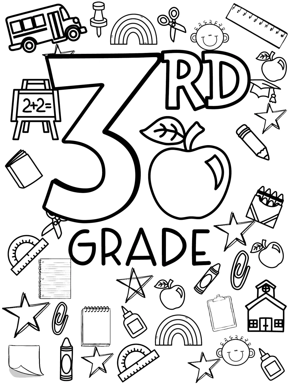 Third grade welcome coloring sheet featuring the label 3RD GRADE, a large apple, and school supplies