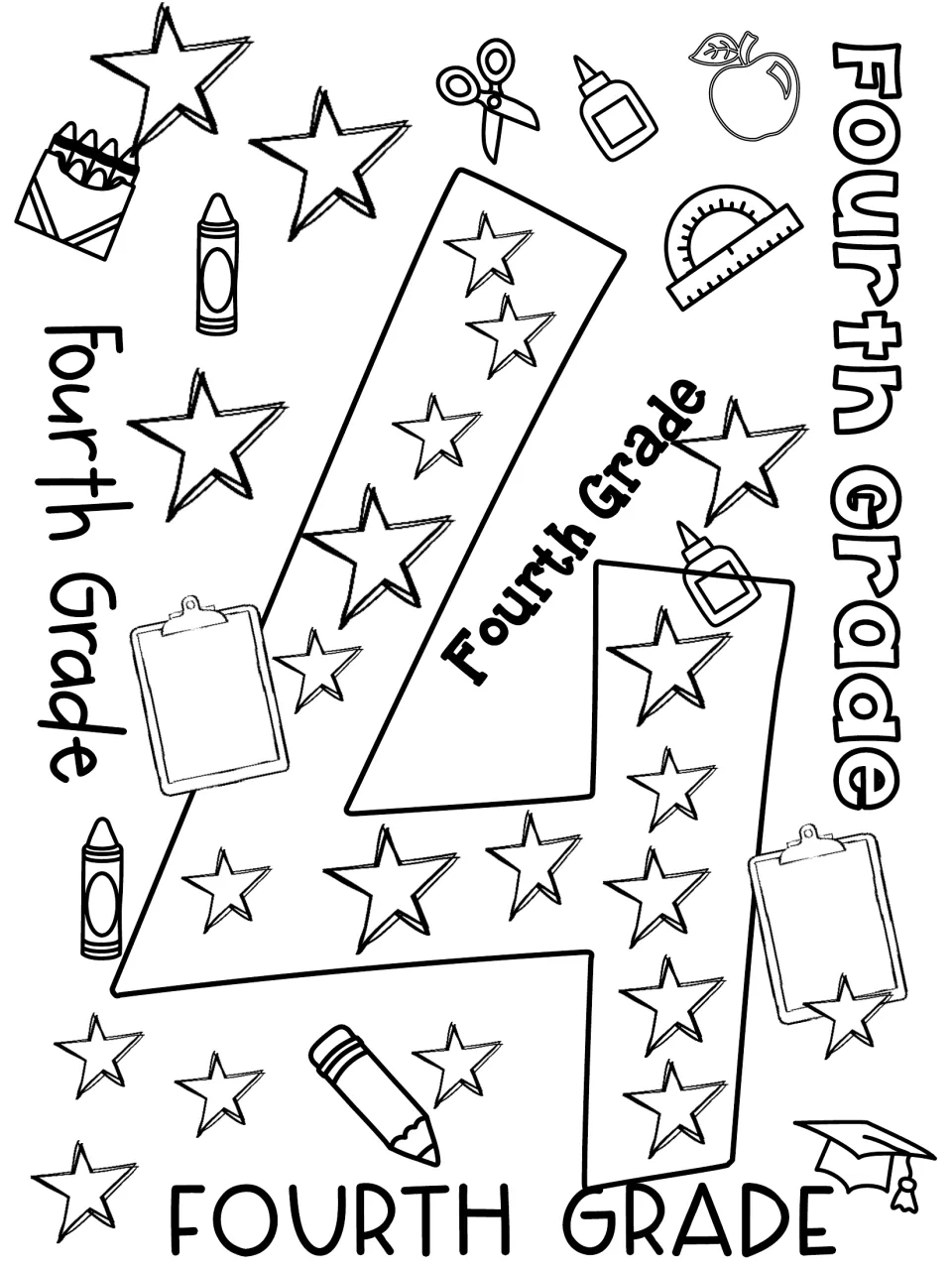 Fourth grade welcome coloring sheet featuring a large numeral 4, repeated Fourth Grade text, and crayons