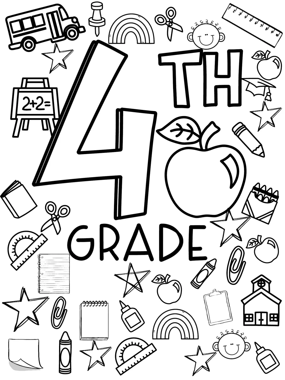 Fourth grade welcome coloring sheet featuring the label 4TH GRADE, a large apple, and school supplies