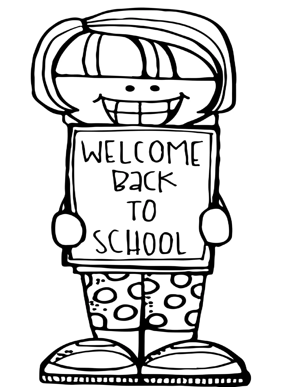 Welcome Back to School sign held by a grinning child in polka-dot pants; students color the full-page line drawing
