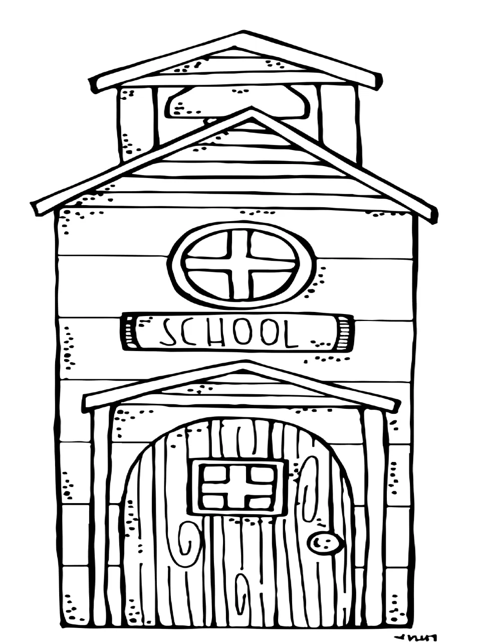 Schoolhouse with a bell tower, round window, SCHOOL sign and arched wooden door; students color the whole building