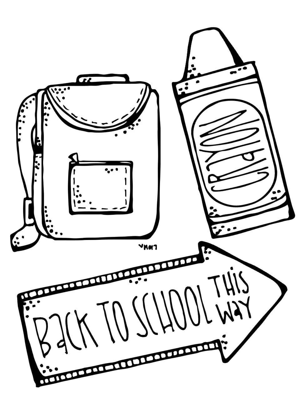 Back to School This Way arrow sign below a backpack and a crayon; students color the school supplies and the arrow