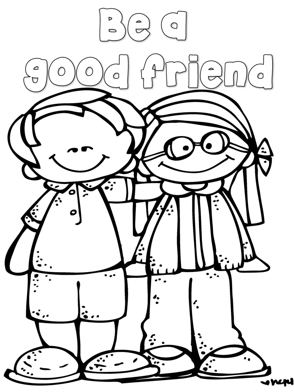 Be a good friend: two smiling children stand arm in arm, one in glasses; students color this friendship rule picture