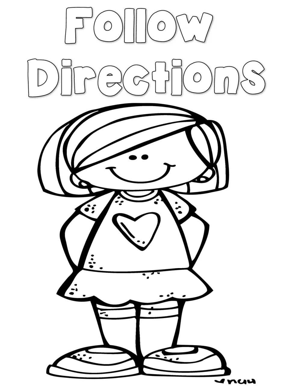 Follow Directions: smiling girl in a heart shirt and skirt stands with hands behind her back for students to color