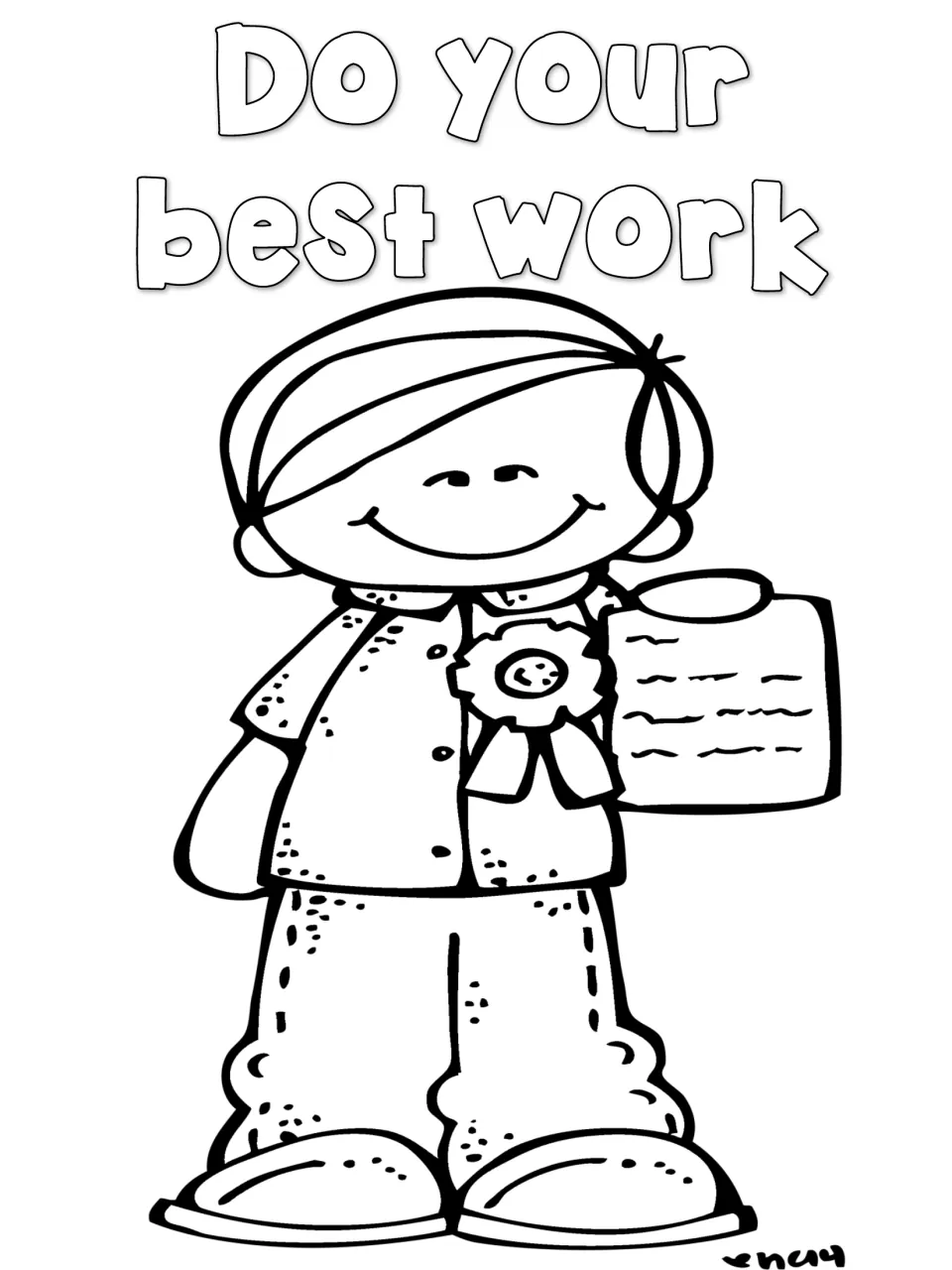 Do your best work: boy wearing a rosette ribbon holds up his finished paper; students color the class rule picture