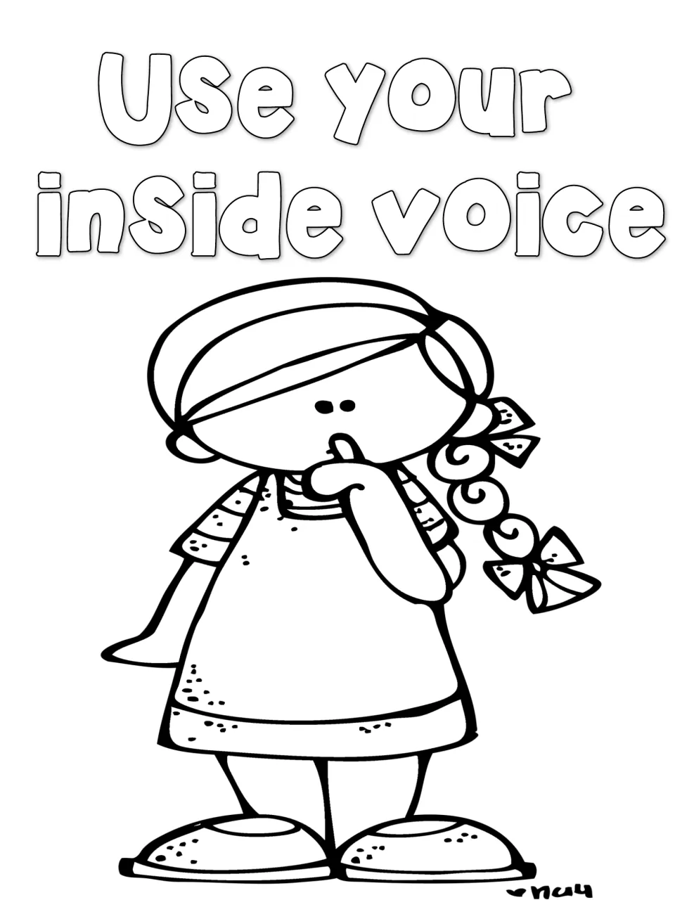 Use your inside voice: girl with a braid holds a finger to her lips to shush; students color the quiet-voice rule
