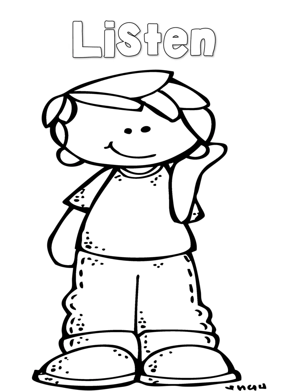 Listen: boy cups a hand behind his ear to hear; students color the bubble-letter word and the standing figure