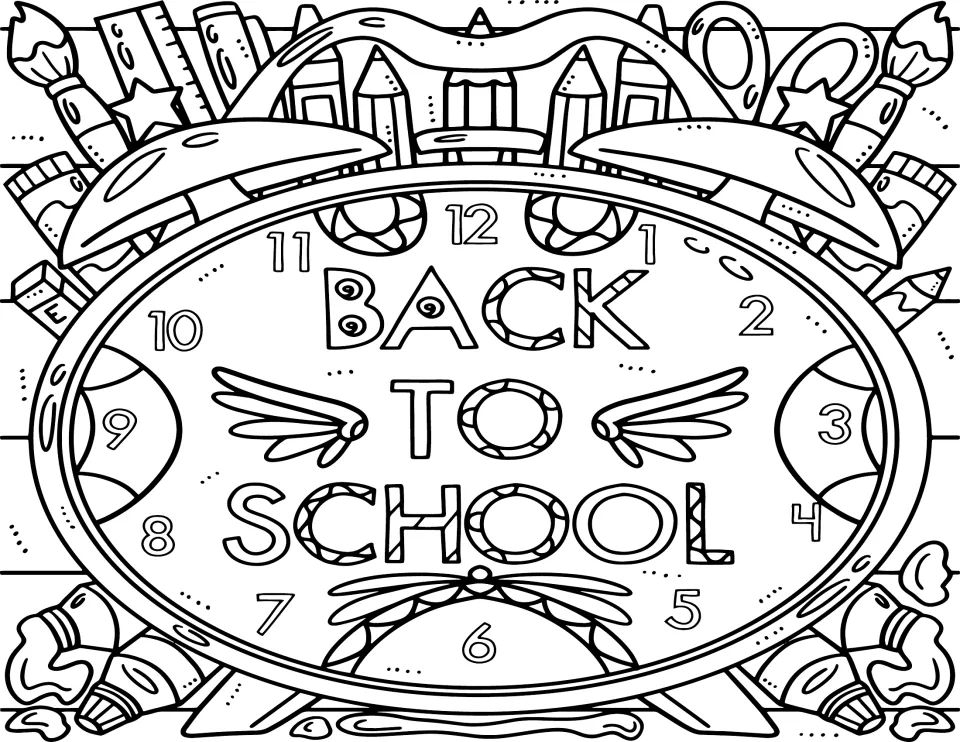 Back-to-school coloring page 1: an alarm clock with numbers 1–12 and the words “BACK TO SCHOOL”