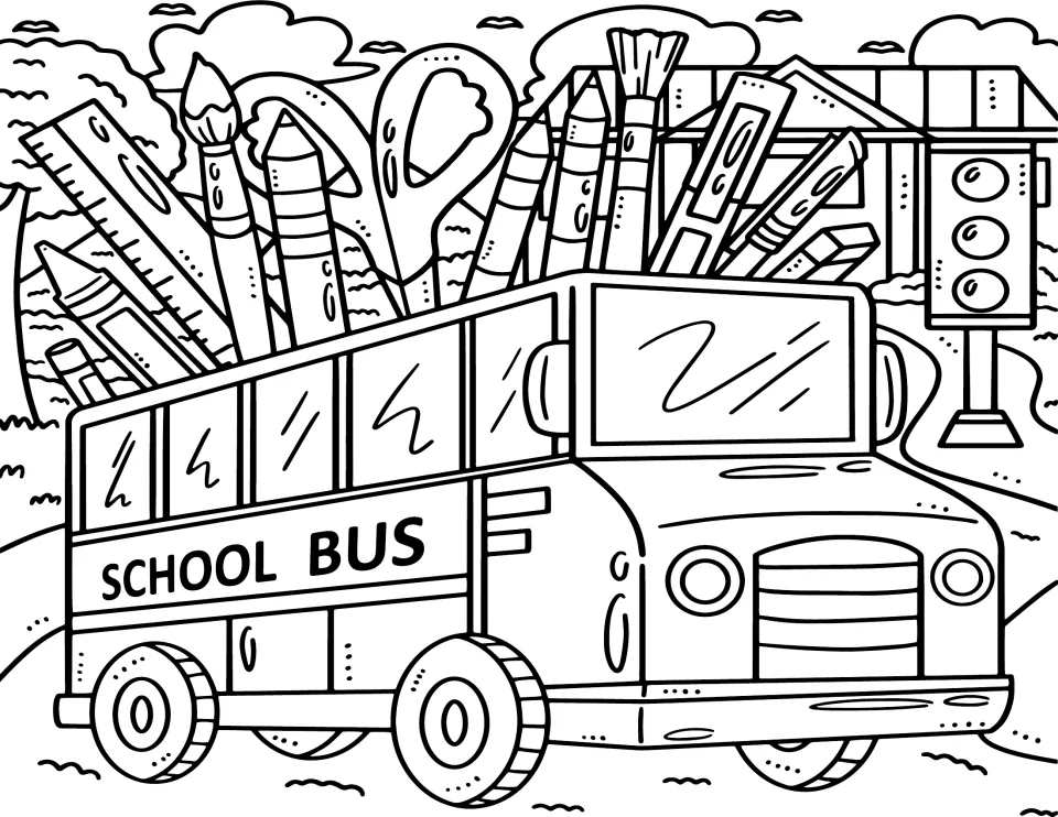 Back-to-school coloring page 2: a bus labeled “SCHOOL BUS” carrying oversized pencils and art supplies