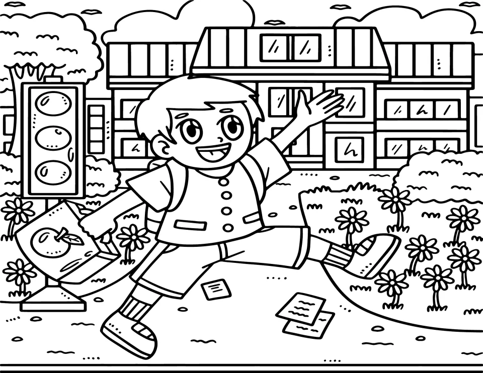 Back-to-school coloring page 3: a smiling child wearing a backpack and holding a book outside a school
