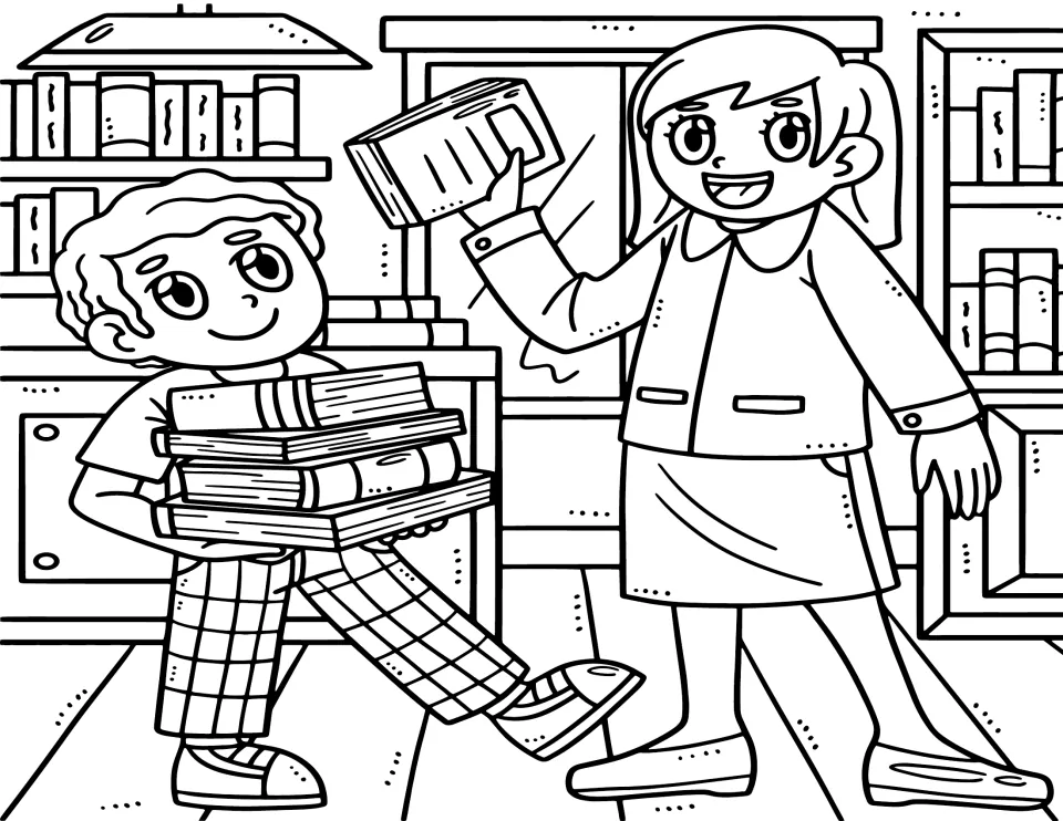 Back-to-school coloring page 4: a child carrying a stack of books beside an adult holding up a book