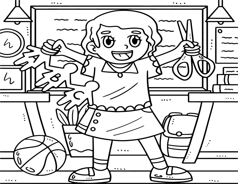 Back-to-school coloring page 5: a child holding scissors and paper figures labeled A, B, and C